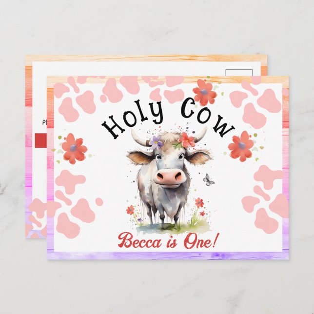 Cartão Postal Água-viva Vaca 1º Aniversário Aquarela Menina (Frente/Verso)