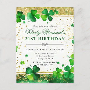 Cartão Postal Aguarela Verde e Dourado Trevo de 21º Aniversário