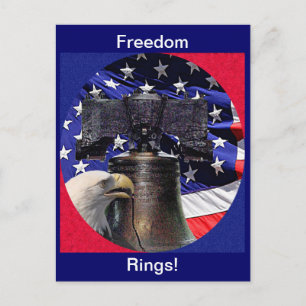 Cartão Postal Águia Americana Careca, Sino e Bandeira