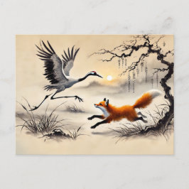 Cartão Postal Águia Caçando um Grou Pintura Chinesa a Tinta