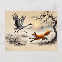 Águia Caçando um Grou Pintura Chinesa a Tinta