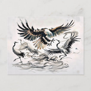 Cartão Postal Águia caçando uma pintura chinesa de tinta grua