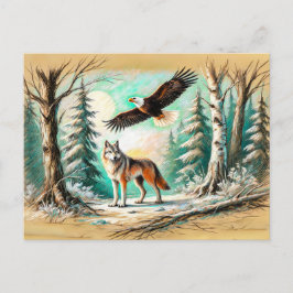 Cartão Postal Águia e Lobo na Floresta Desenho de Giz Pastel