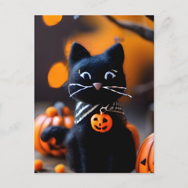 Cartão Postal Agulha Adorável felicitou Gato Negro do Halloween (Frente)