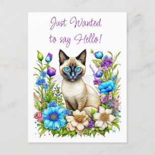 Cartão Postal Ai Watercolor Gato Siamês em Flores