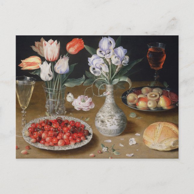 Cartão Postal Ainda lírios, tulipas, cerejas e morangos (Frente)