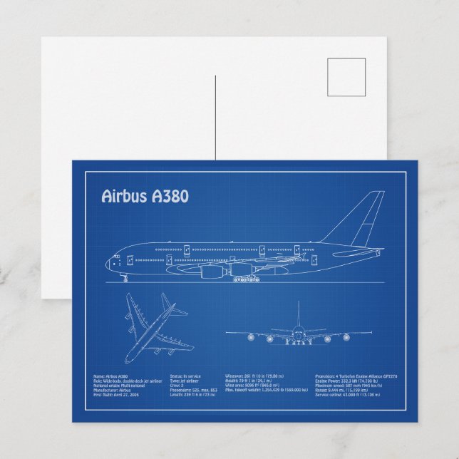 Cartão Postal Airbus a380 - Planos de desenho do avião Blueprint (Frente/Verso)