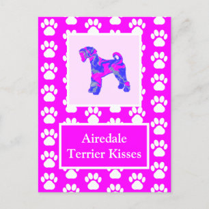 Cartão Postal Airedale Terrier Dog Kisses Silhouette Cute P&B