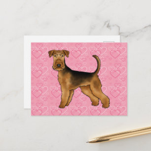Cartão Postal Airedale Terrier Dog Love with Pink Heart Pattern
