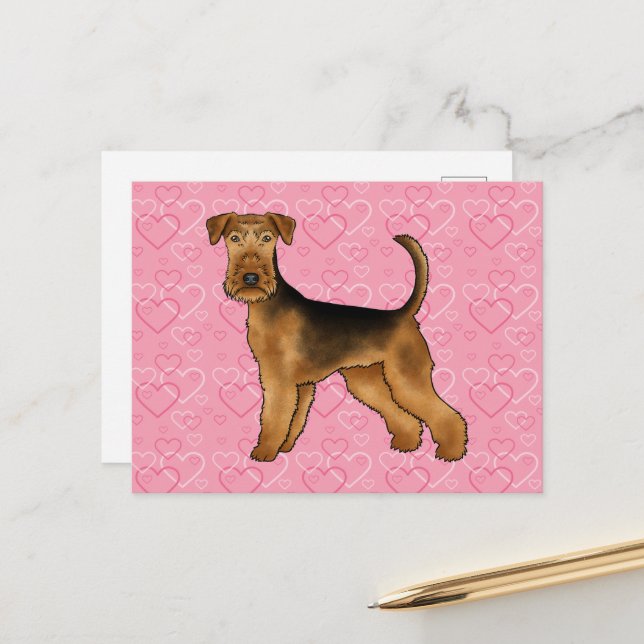 Cartão Postal Airedale Terrier Dog Love with Pink Heart Pattern (Frente/Verso In Situ)