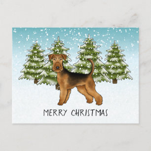 Cartão Postal Airedale Terrier Dog Snowy Winter Forest Festivo