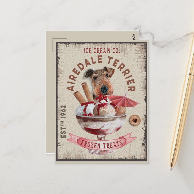 Cartão Postal Airedale Terrier Ice-Creme Funny Tratamentos Conge (Frente/Verso In Situ)