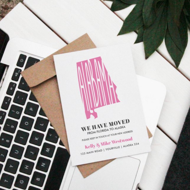 Cartão Postal ALABAMA Mudamos o novo endereço Novo lar (pink alabama state silhouette to announce your moving to friends and keep their records updated)