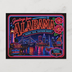 Cartão Postal Alabama Neon Estado Retro Vintage