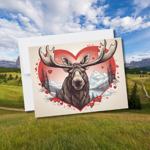 Cartão Postal Alaska Moose, fundo de montanha em forma de coraçã