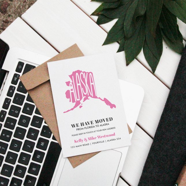 Cartão Postal ALASKA Mudamos Novo endereço Nova Casa  (MOVING ANNOUNCEMENTE IN PINK AND STYLISH PALETTE WITH ALASKA STATE)