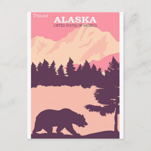 Cartão Postal Alaska Nature Bear Pink Viagens vintage Poster