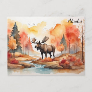 Cartão Postal Alaska Outono Natureza Aquarela Alce Viagem