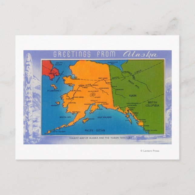 Cartão Postal Alaska - Saudações Do Mapa Do Alasca (Frente)