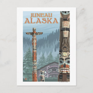 Cartão Postal Alaska Totem Poles - Juneau, Alasca