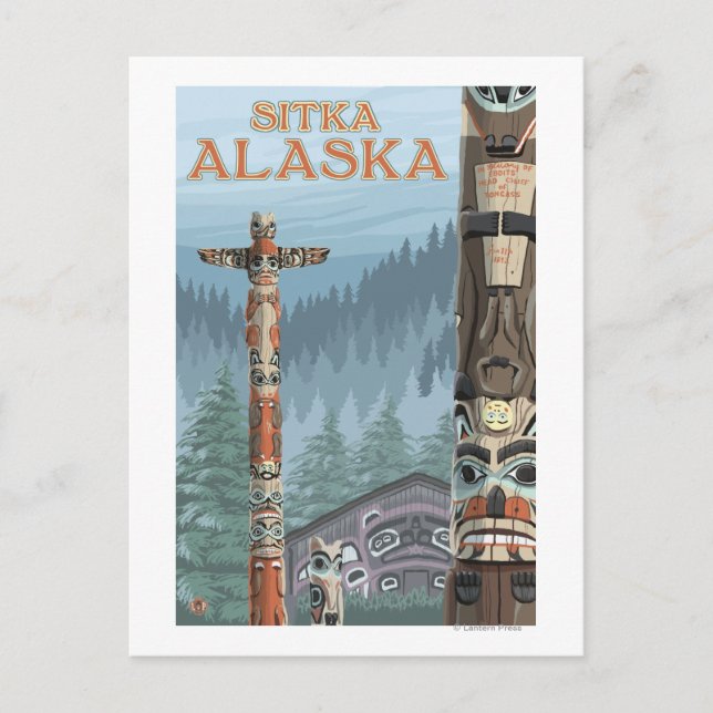 Cartão Postal Alaska Totem Poles - Sitka, Alasca (Frente)