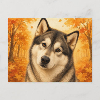 Cartão Postal Alaskan Malamute Autumn Forest Dog