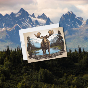 Cartão Postal Alaskan Moose em pé sobre rochas por água