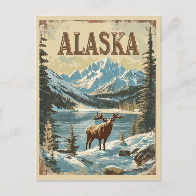 Cartão Postal Alce do Alasca Rústico Vintage Viagem pela Naturez (Frente)