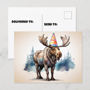 Cartão Postal Alce do Alasca usando chapéu de aniversário