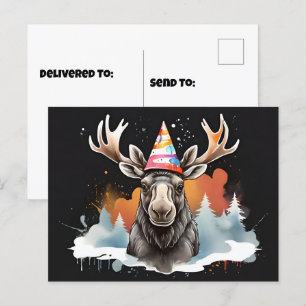 Cartão Postal Alce do Alasca usando chapéu de aniversário cônico