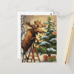 Cartão Postal Alce Engraçado Decorando a Árvore de Natal