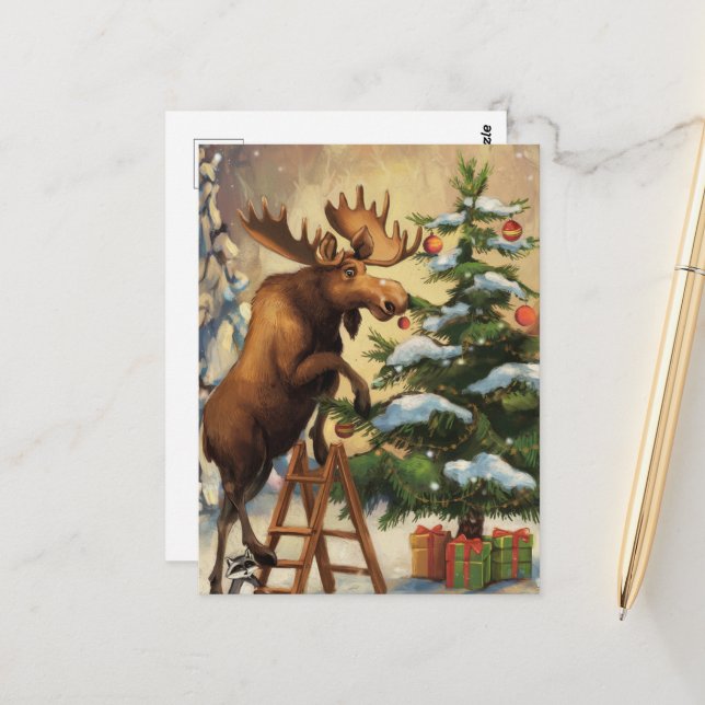 Cartão Postal Alce Engraçado Decorando a Árvore de Natal (Frente/Verso In Situ)