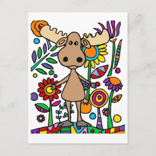Cartão Postal Alce engraçado no jardim de flores Arte Abstrata