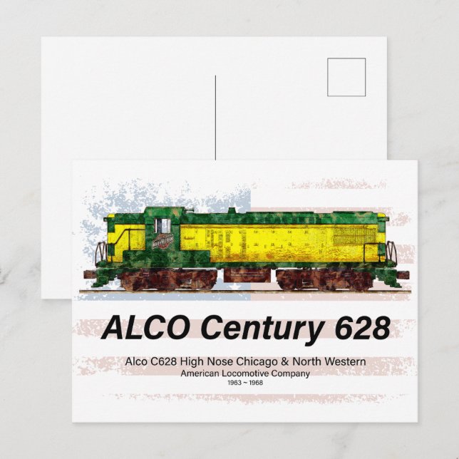 Cartão Postal Alco C-628 Locomotiva Diesel e bandeira americana (Frente/Verso)