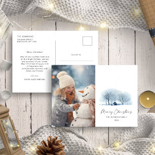 Cartão Postal Aldeia de Inverno Azul de Natal Paisagem Rústica F