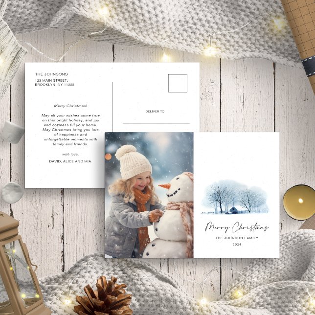 Cartão Postal Aldeia de Inverno Azul de Natal Paisagem Rústica F (Criador carregado)