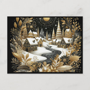 Cartão Postal aldeia de inverno design dourado & preto
