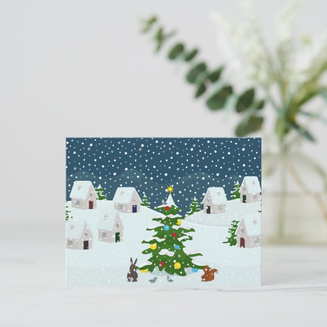 Cartão Postal Aldeia de neve de Natal com árvore de natal e ani (Em pé/Frente)