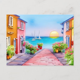 Cartão Postal Aldeia do litoral Sunset Watercolor
