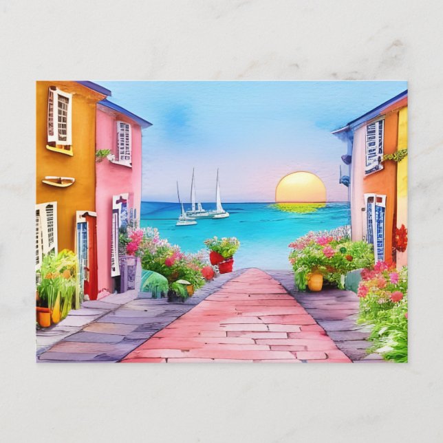 Cartão Postal Aldeia do litoral Sunset Watercolor (Frente)