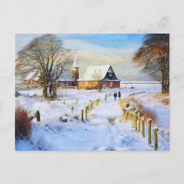 Cartão Postal Aldeia do mar Báltico no inverno. Pessoas caminhan (Frente)