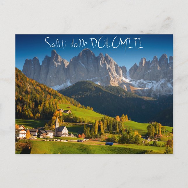 Cartão Postal Aldeia Dolomites no outono italiano (Frente)
