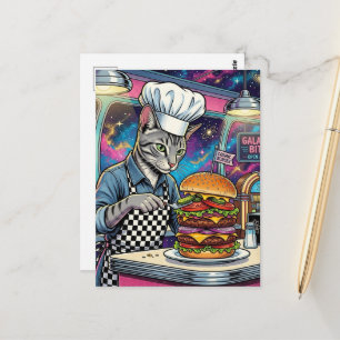 Cartão Postal Alegre Gato Chef Preparando Cheeseburger no Diner