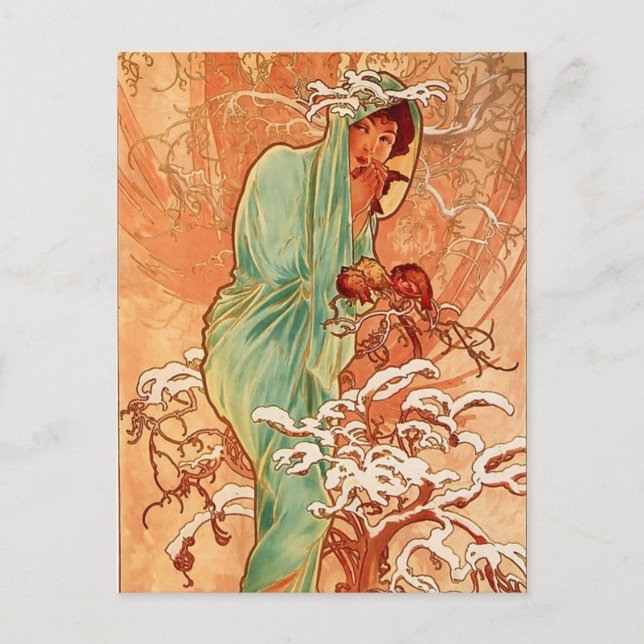 Cartão Postal Alfons Mucha Art Nouveau Pintura de inverno (Frente)