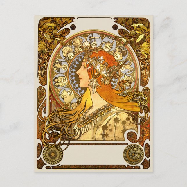 Cartão Postal Alfonse Mucha Zodiac Art Nouveau Mulher (Frente)