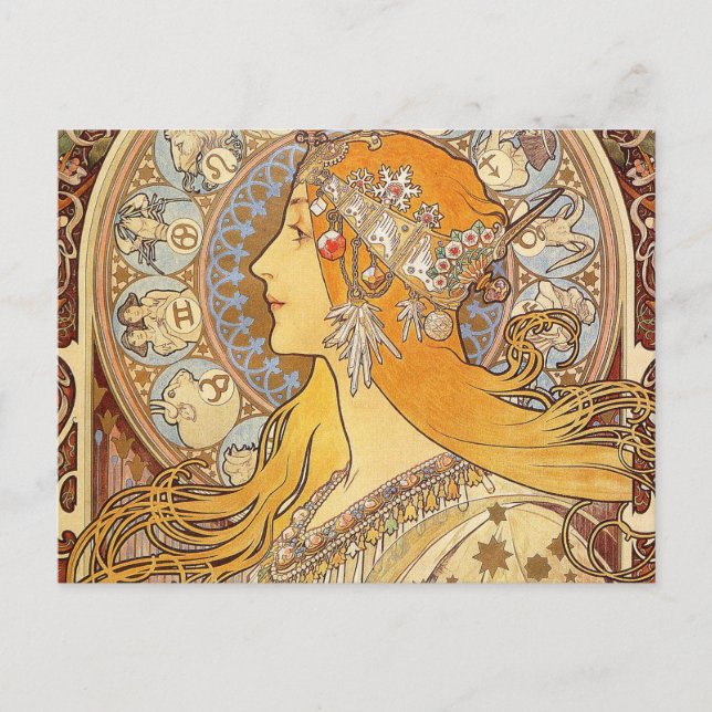 Cartão Postal Alfonse Mucha Zodiac Art Nouveau Mulher (Frente)