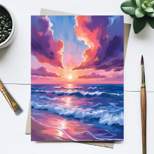 Cartão Postal Algodão Doce Praia Pôr do Sol Oceano Aquarela