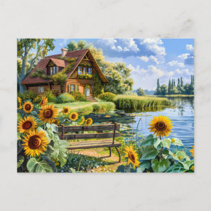 Cartão Postal Algodão Lakeside com Campo de Girassol