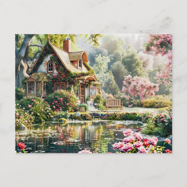 Cartão Postal Algodão Whimical com Rhododendrons e Pond (Frente)