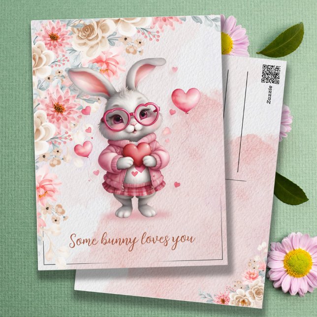 Cartão Postal Algum Coelhinho Ama Você Coelhinho Rosa Romântico  (Some Bunny Loves You Romantic Pink Bunny & Hearts Postcard)